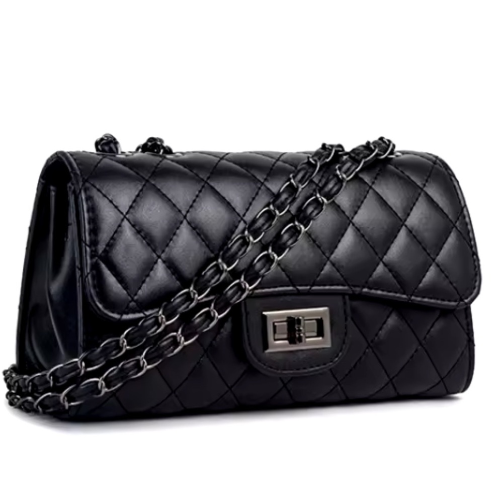NWT Chanel-Like QUILTED BLACK METAL CROSSBODY